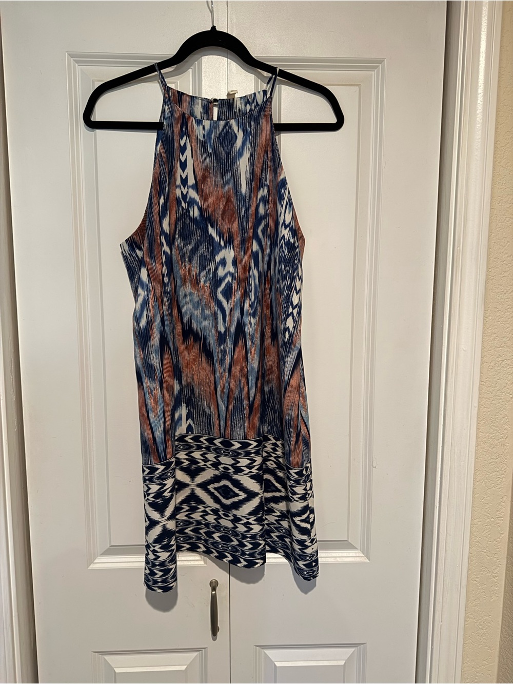 Tyche Blue and Brown Patterned Halter Mini Dress